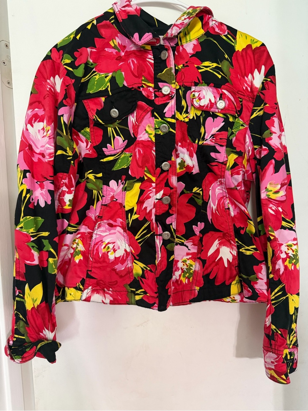 Live a Little Floral Jean Jacket - Black, Pink & Red